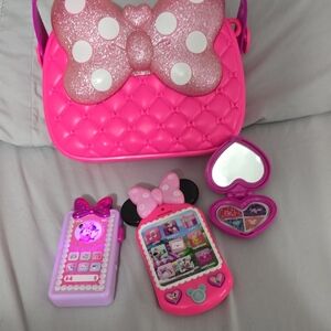 🔵Minnie Mouse Pink Polka Dot Bow Handbag with Toy Accessories